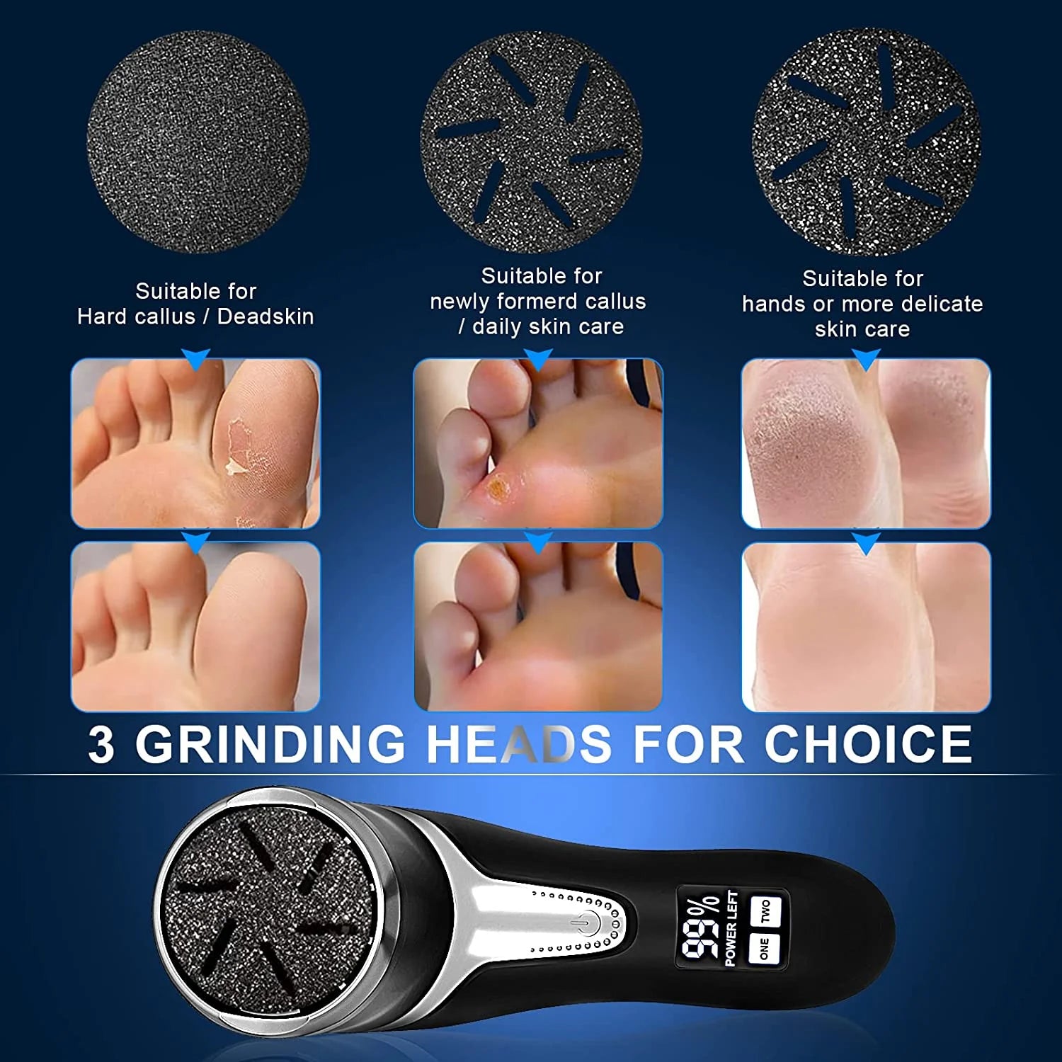 Professional Electric Callus Remover for Feet - Portable Rechargeable Pedicure Kit with Waterproof Foot File, 3 Interchangeable Heads, and LCD Display