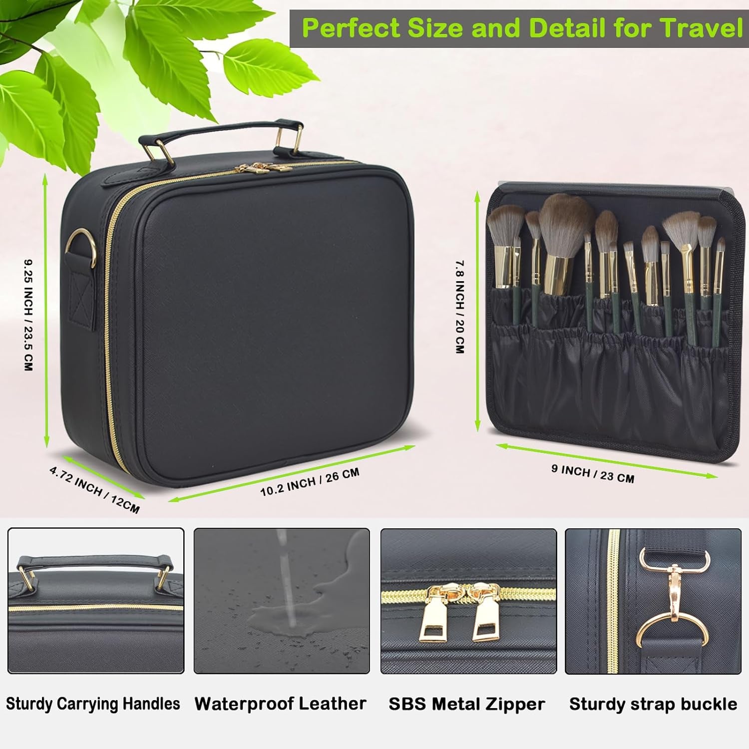 LED Makeup Travel Bag with Adjustable Brightness Mirror and Dividers - Lighted Cosmetic Case with Brush Holder, Ideal Gift for Women (Black)