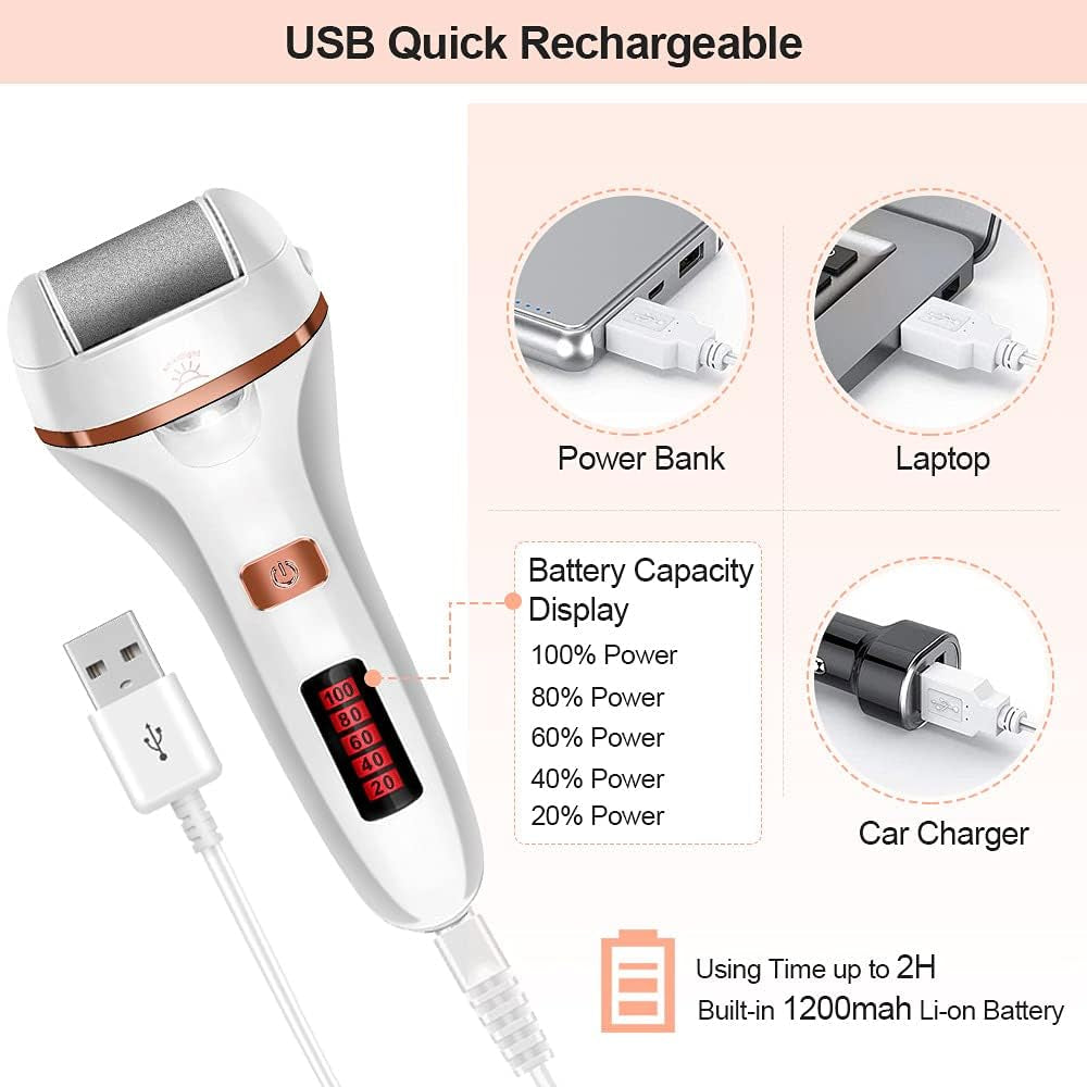 Rechargeable Electric Foot File and Callus Remover Set with Three Roller Heads and Dual Speed Settings for Optimal Pedicure and Foot Care