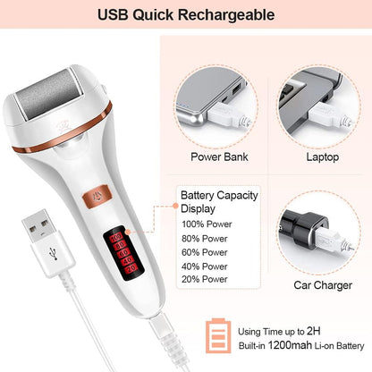Rechargeable Electric Foot File and Callus Remover Set with Three Roller Heads and Dual Speed Settings for Optimal Pedicure and Foot Care