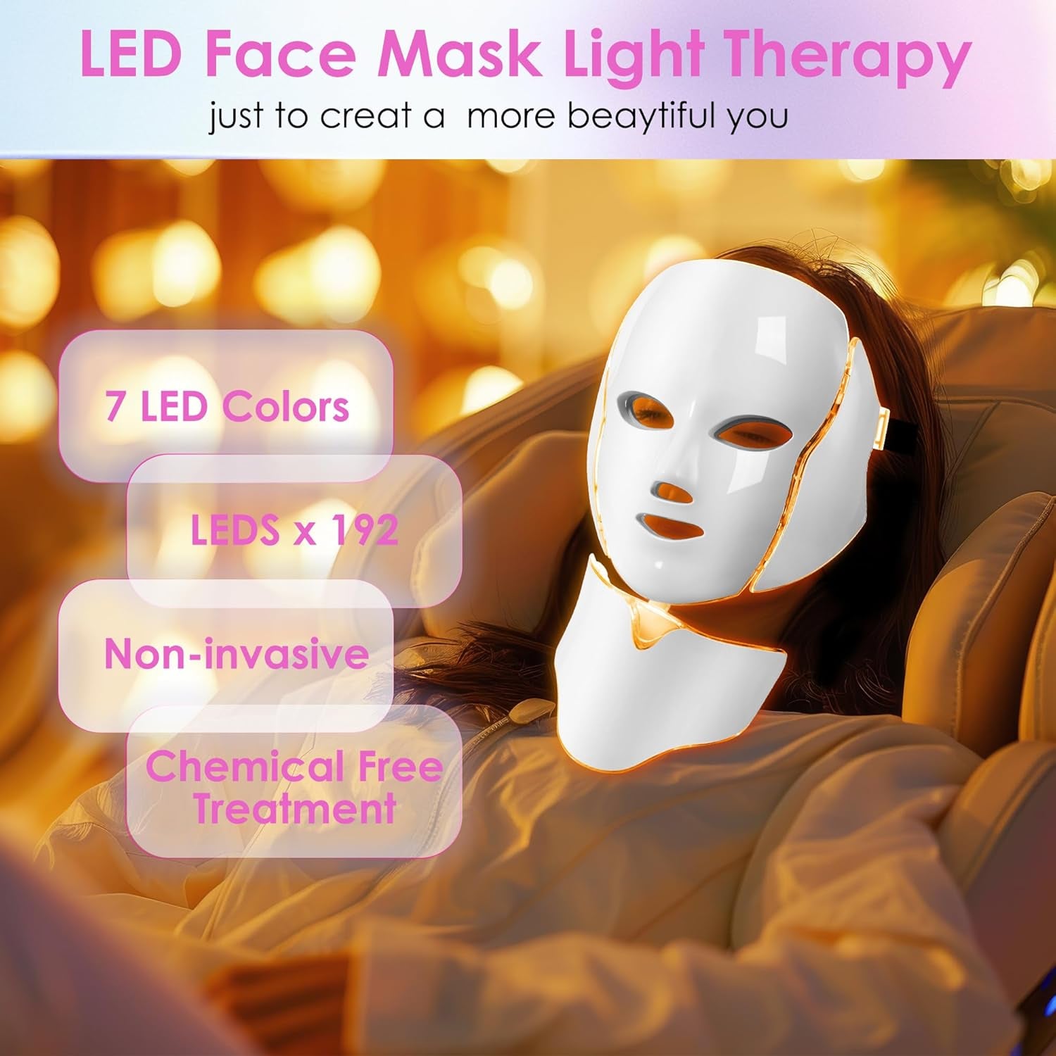 Professional LED Face Mask for Red Light Therapy - 7-in-1 Color Options for Advanced Facial Skin Care (White)