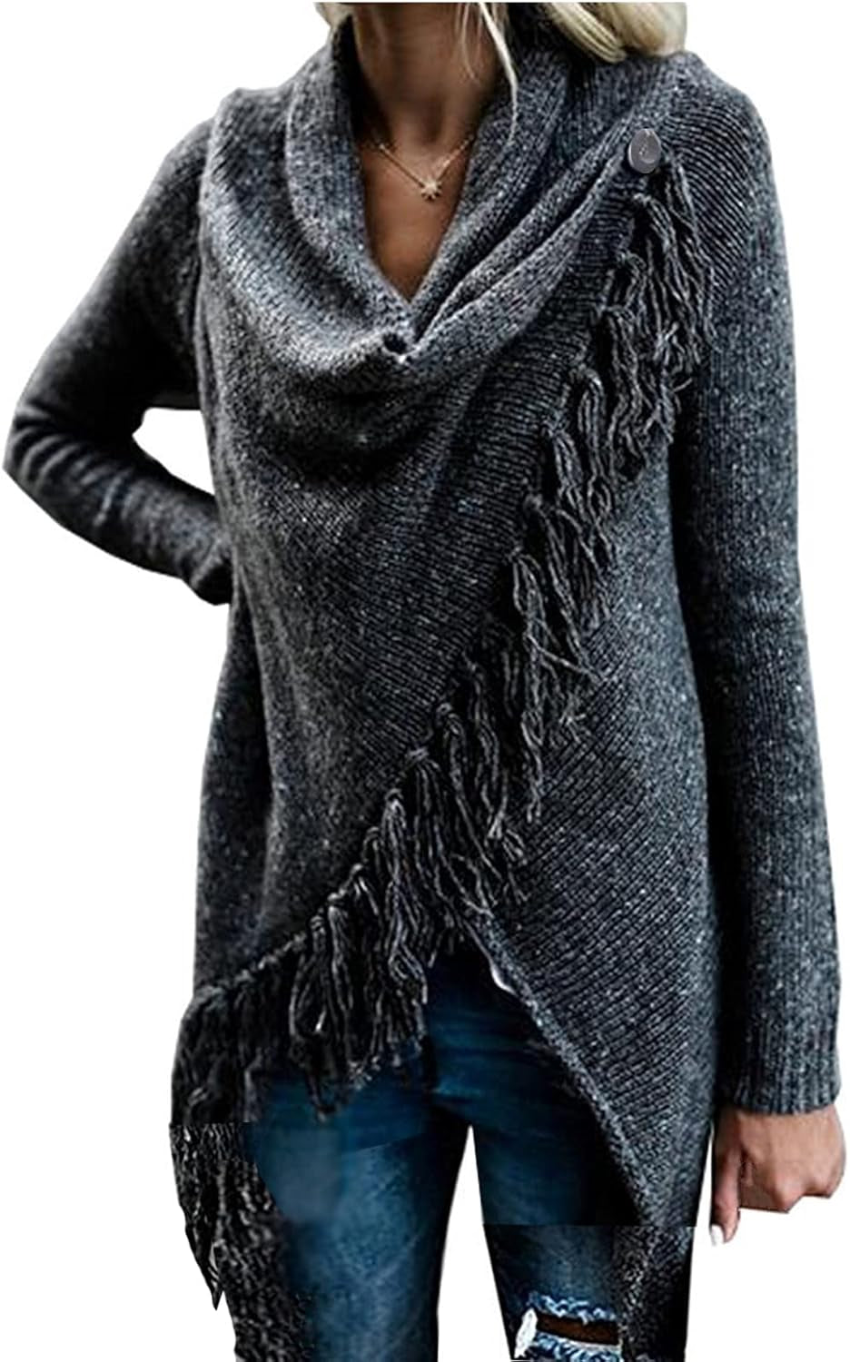 Women'S Open Front Knited Tassels Slash Loose Cardigan Crew Neck Speckled Fringe Sweater Outwear