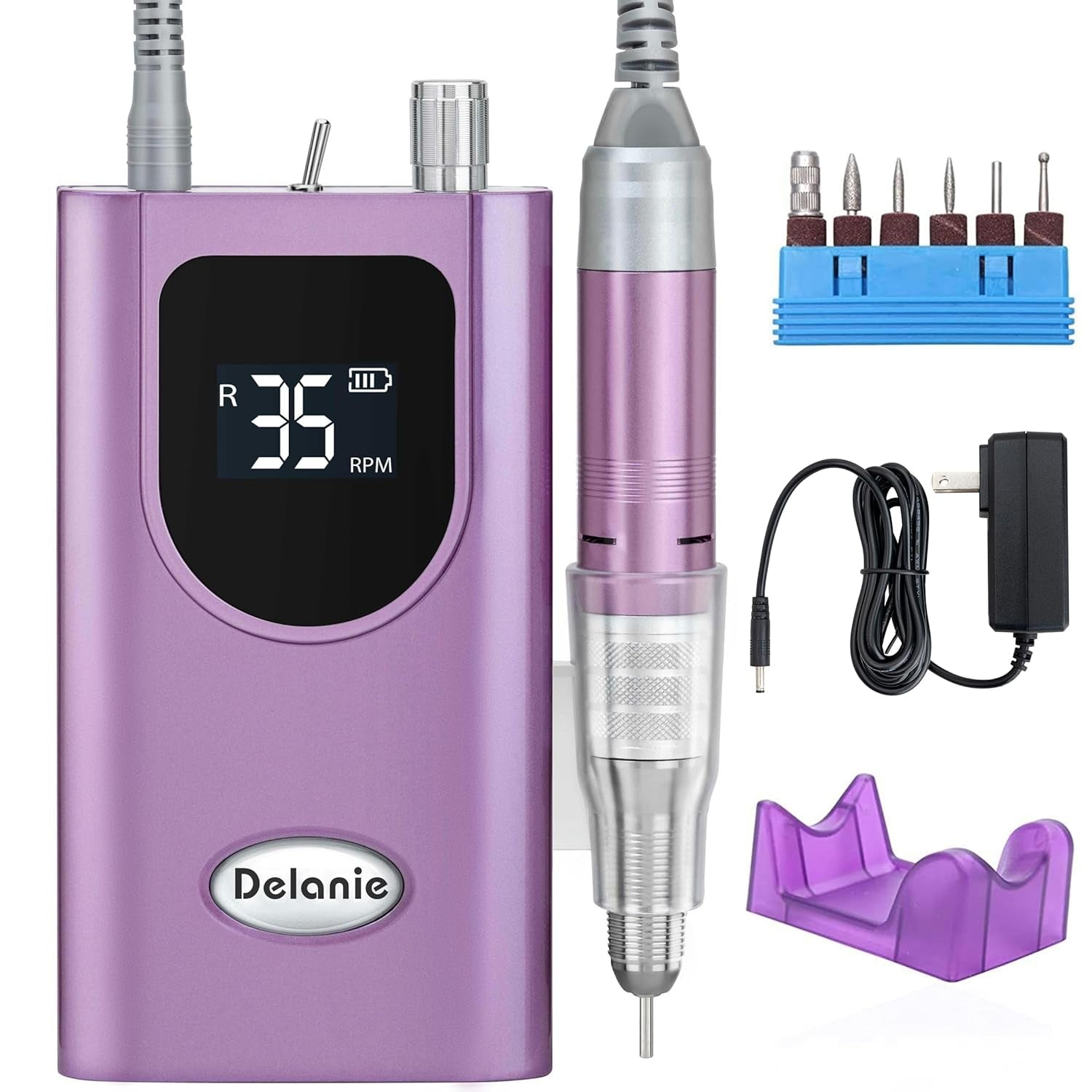  Professional 35000 RPM Rechargeable Nail Drill - High Torque Purple file for Acrylic & Gel Nails