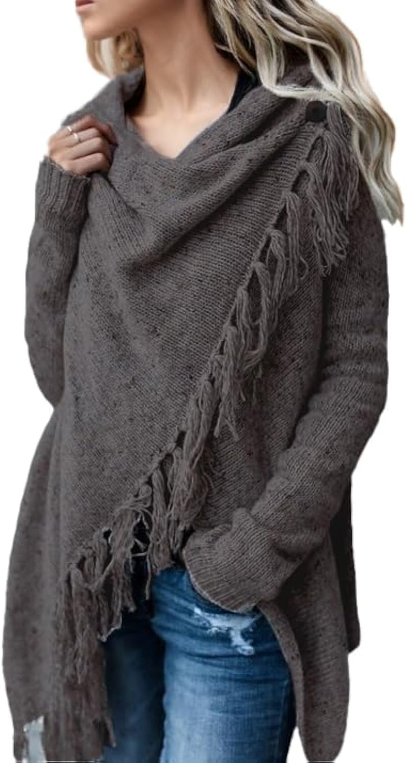 Women'S Open Front Knited Tassels Slash Loose Cardigan Crew Neck Speckled Fringe Sweater Outwear
