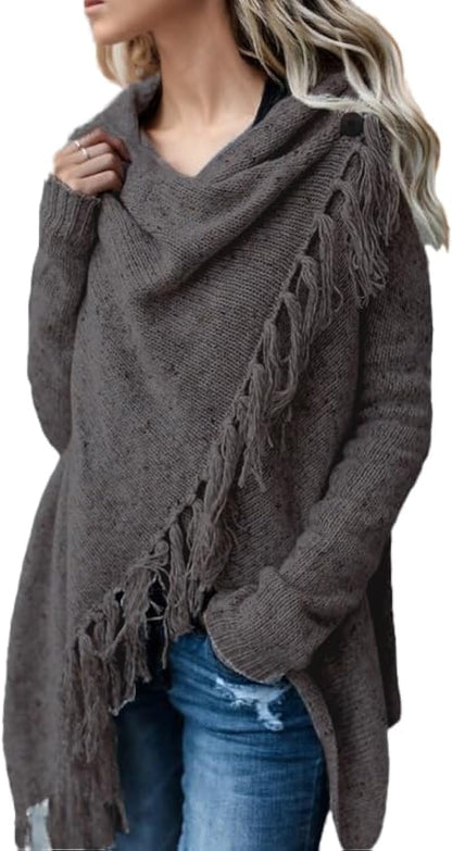 Women'S Open Front Knited Tassels Slash Loose Cardigan Crew Neck Speckled Fringe Sweater Outwear